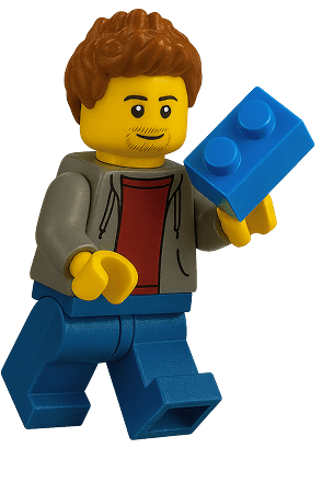 LEGO person figure holding a blue brick